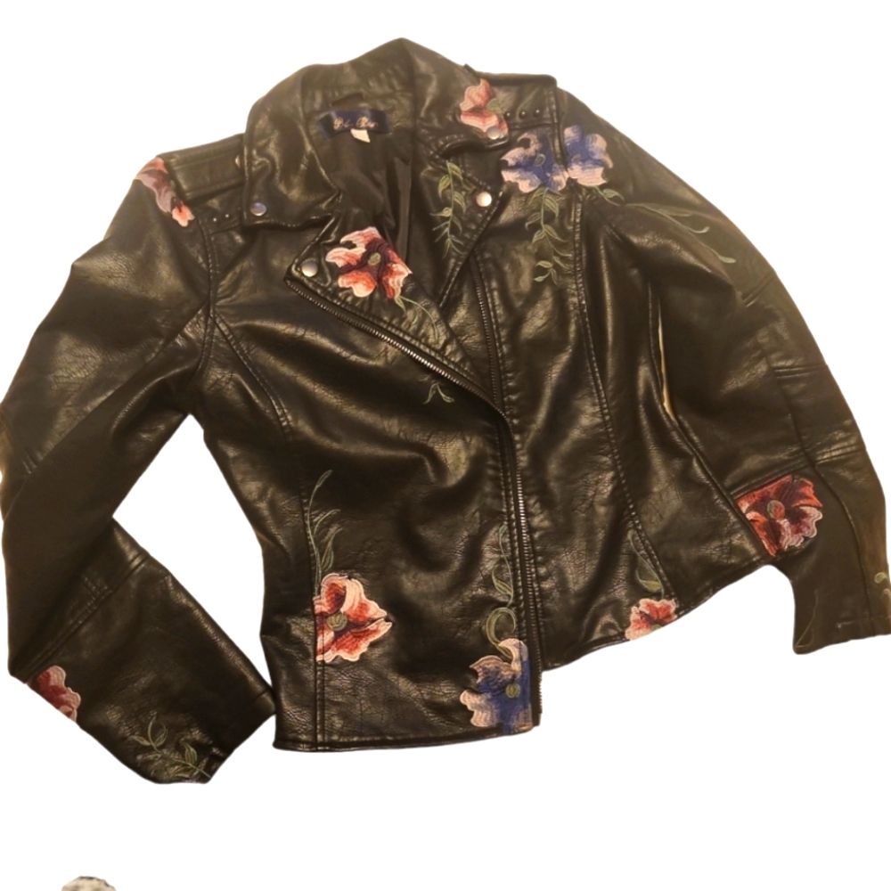 Women's Floral Embroidered Faux Leather Jacket